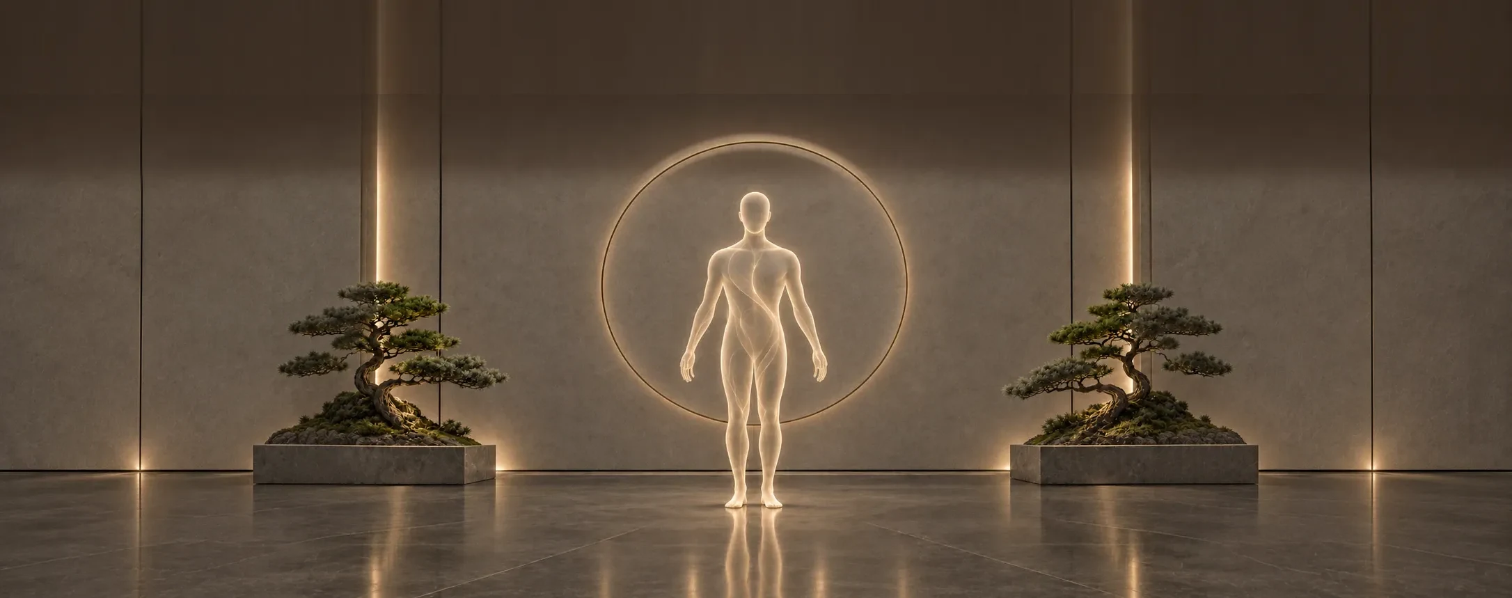 A softly lit neutral human figure standing on stone, with a circular recess and bonsai trees