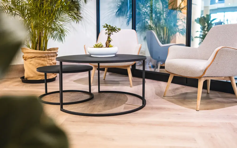A seating area in the WellNest Gold consulting lounge in Cape Town, with a round black table, armchairs and a tall palm