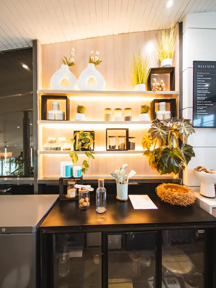The WellNest café counter and menu